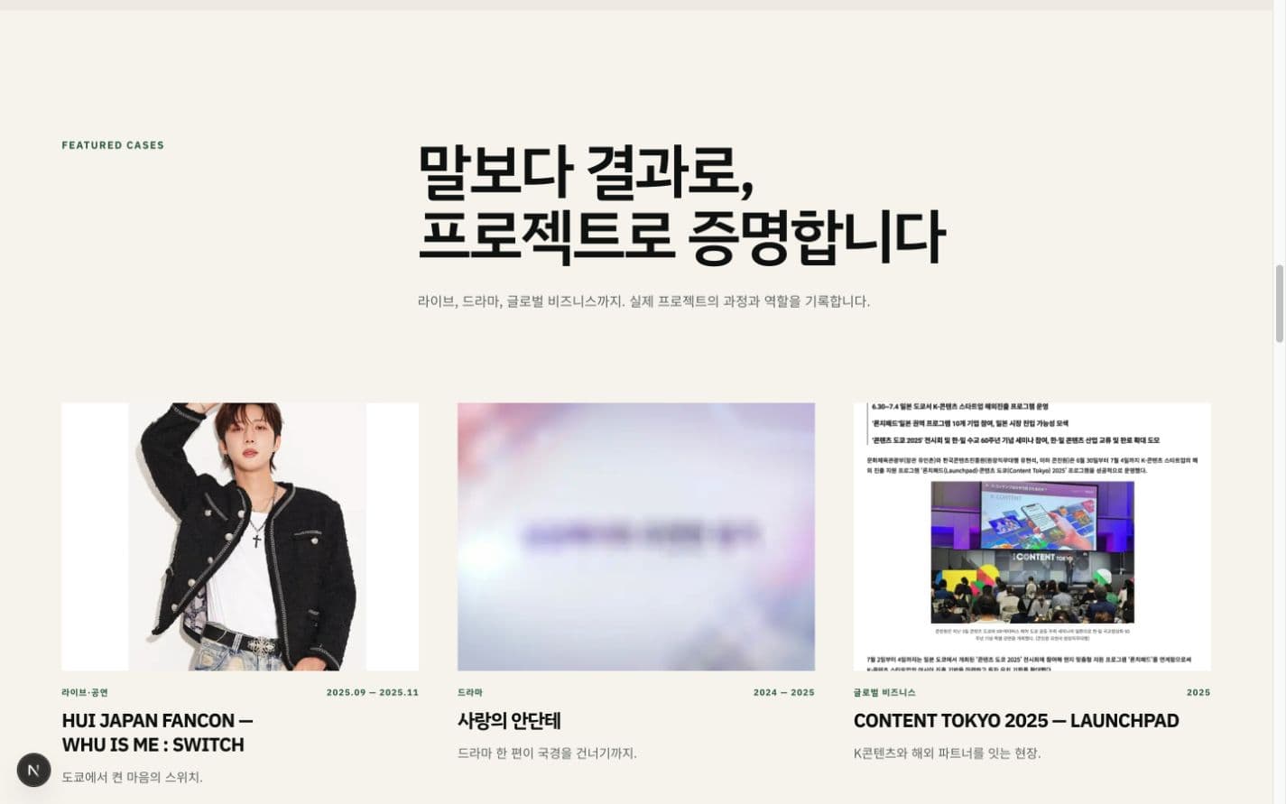 라이브 공연 드라마 글로벌 비즈니스 세 프로젝트를 사진과 기간, 유형, 한 줄 결과로 정리한 리뉴얼 홈페이지