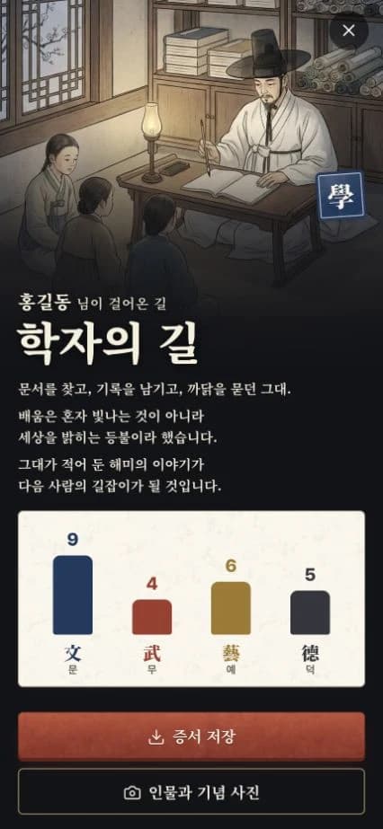 나의 길 결과 화면 아래쪽에 문무예덕 능력치와 증서 저장 버튼이 보이는 화면
