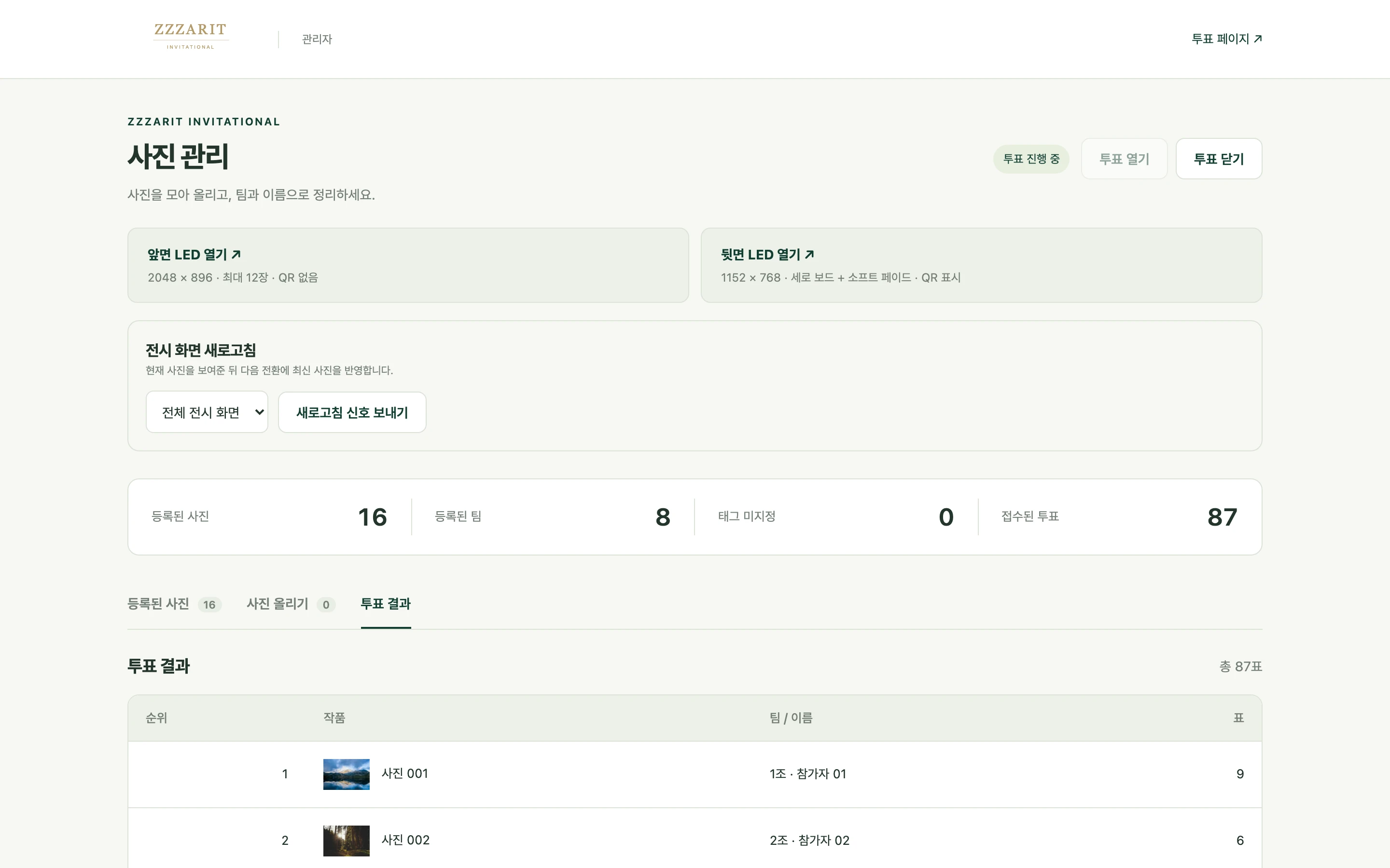 투표 결과를 집계해 확인하는 관리자 화면 시연