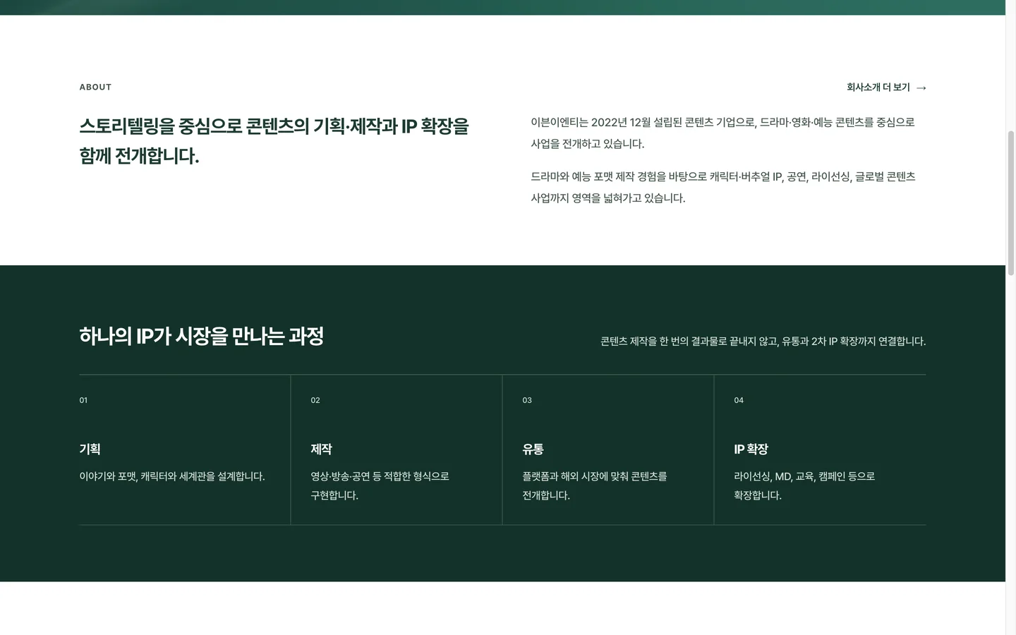 2022년 12월 설립된 콘텐츠 기업이라는 설명과 사업 확장 방향을 소개하는 EVENENT 운영 홈페이지 ABOUT 구간