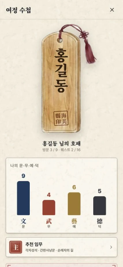 방문 장소와 완료한 활동, 문무예덕 능력치를 모아 보여 주는 여정 수첩